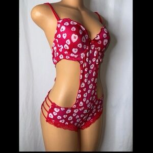 Red Heart-Print Cutout Teddy Bodysuit - Women Intimates